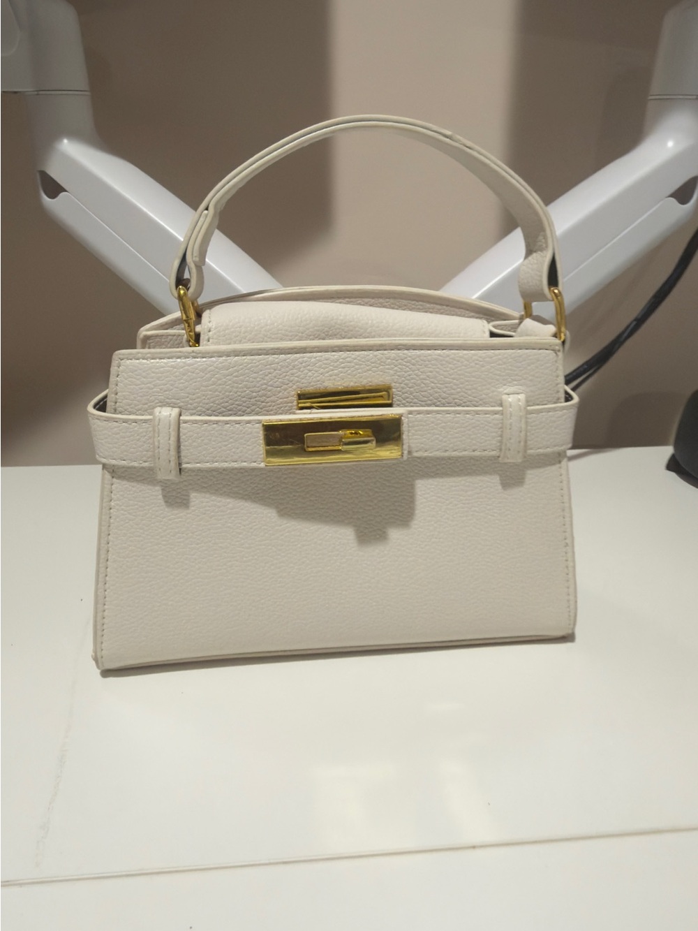Structured Mini Top-Handle Bag in Cream with Gold Hardware